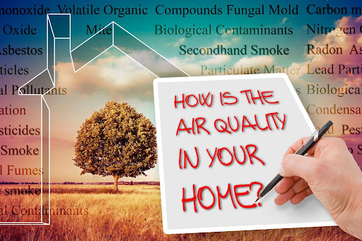 person wirting questoins about indoor air quality on white board imposed over an image of a home